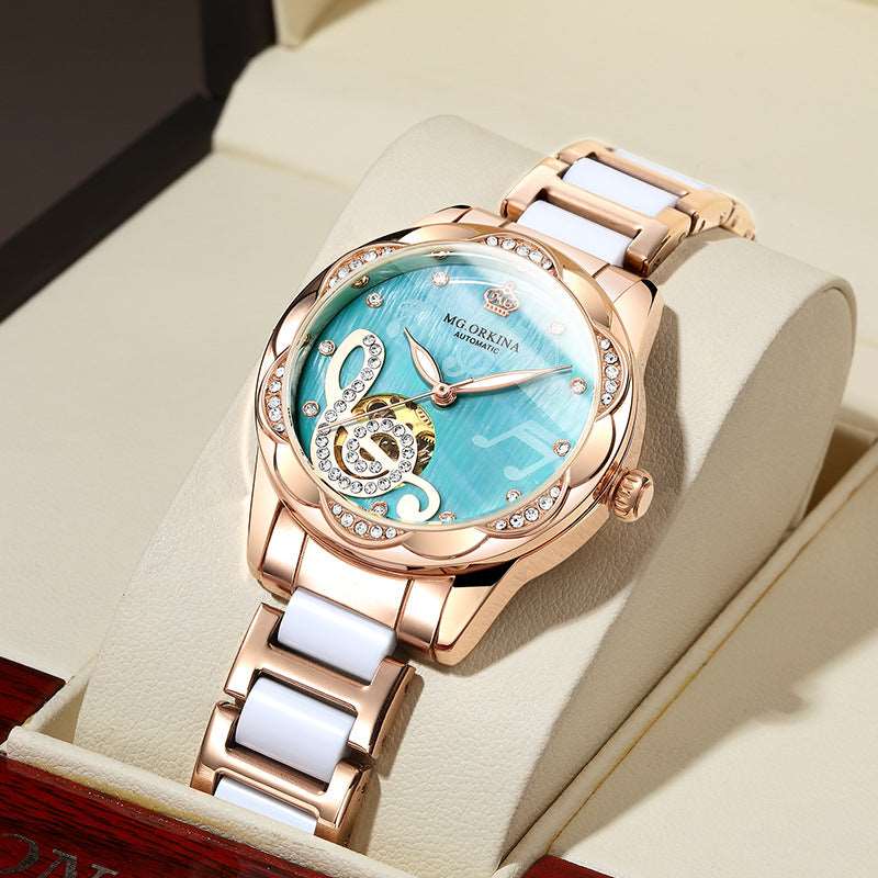 Sweetbless New Women Mechanical Wristwatches Hollow Crystal Petal Shape Automatic Analog Watch