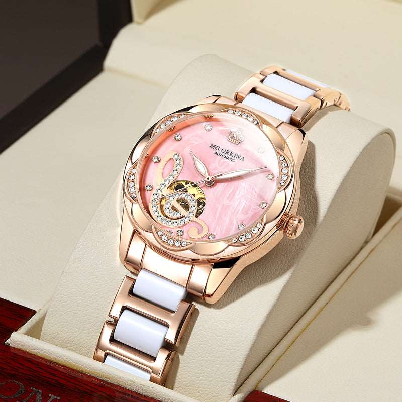 Sweetbless New Women Mechanical Wristwatches Hollow Crystal Petal Shape Automatic Analog Watch