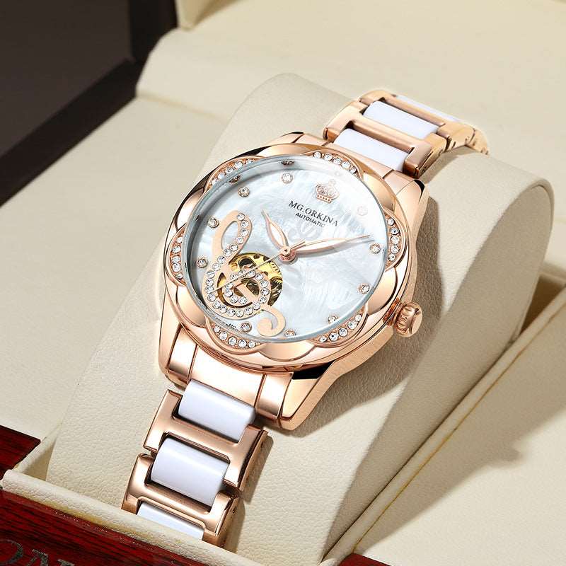 Sweetbless New Women Mechanical Wristwatches Hollow Crystal Petal Shape Automatic Analog Watch