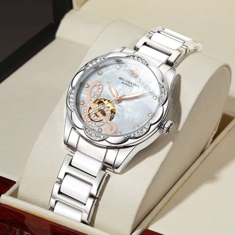 Sweetbless New Women Mechanical Wristwatches Hollow Crystal Petal Shape Automatic Analog Watch