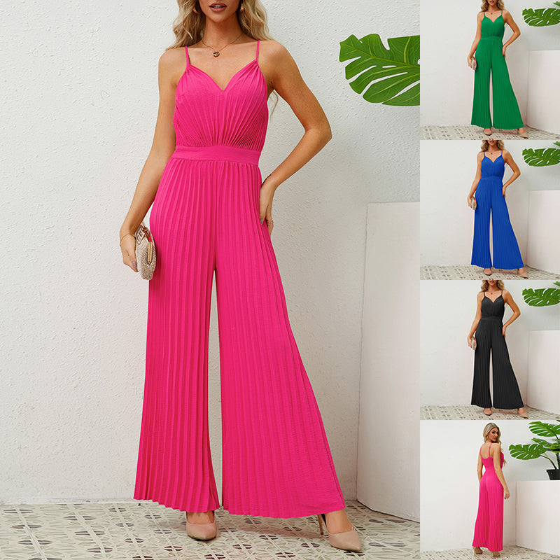 V-neck Suspender Pleated Jumpsuit Women Solid Color Loose Straight Pants - Zac Store