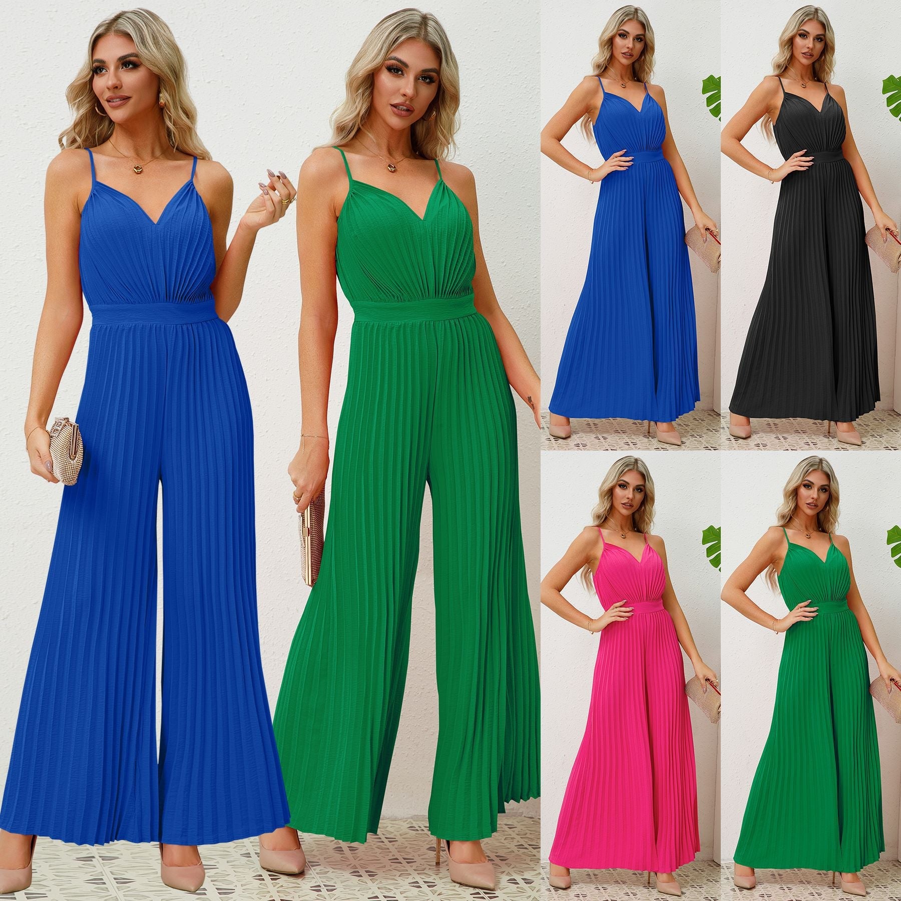 V-neck Suspender Pleated Jumpsuit Women Solid Color Loose Straight Pants - Zac Store