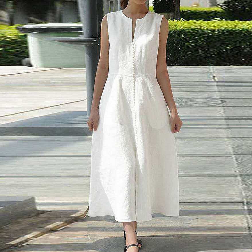 V-neck Waist Belt Cotton Linen Hem Split Sleeveless Dress - Zac Store