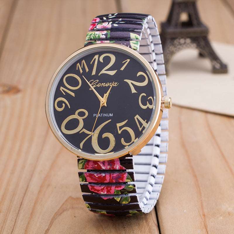 Vavna Flower Style Big Number Dial Gold Wristwatches Women Steel Bracelet Dress Watch