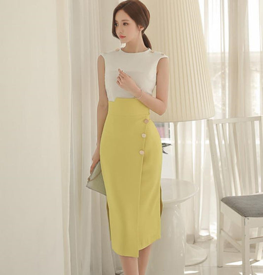 White Sleeveless Top Slit High Waist Hip Skirt - Zac Store