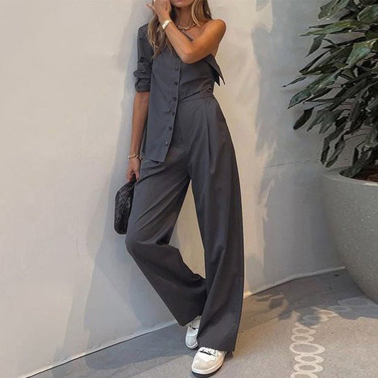 Women's Fashion Casual Single Shoulder Irregular Tops Loose Pants Two-piece - Zac Store