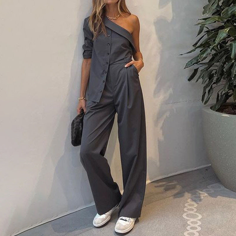 Women's Fashion Casual Single Shoulder Irregular Tops Loose Pants Two-piece - Zac Store