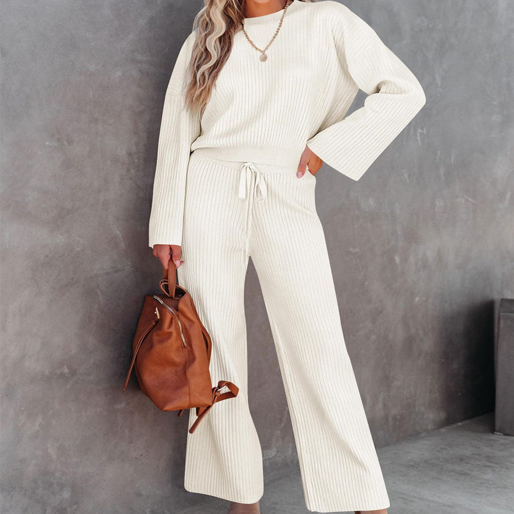 Women's High Neck 2 Piece Sweatsuit Long Sleeve Knit Sweater Tops Wide Leg Pants Set Outfits - Zac Store