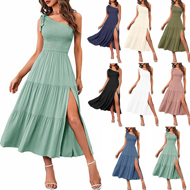 Women's One-shoulder Pleated Layered Hem Split summer outfit - Zac Store