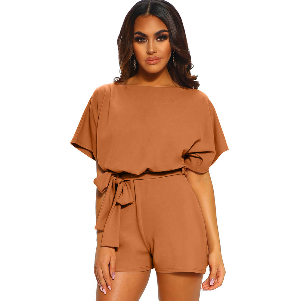 Women's Round Neck Short-sleeved Lace-up Jumpsuit - Zac Store