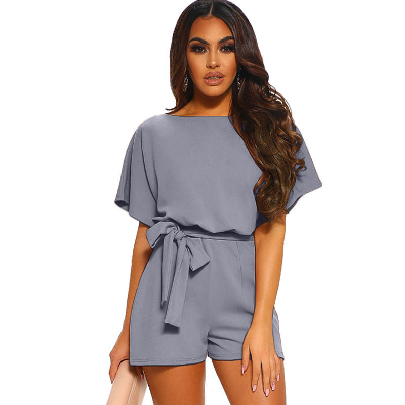 Women's Round Neck Short-sleeved Lace-up Jumpsuit - Zac Store