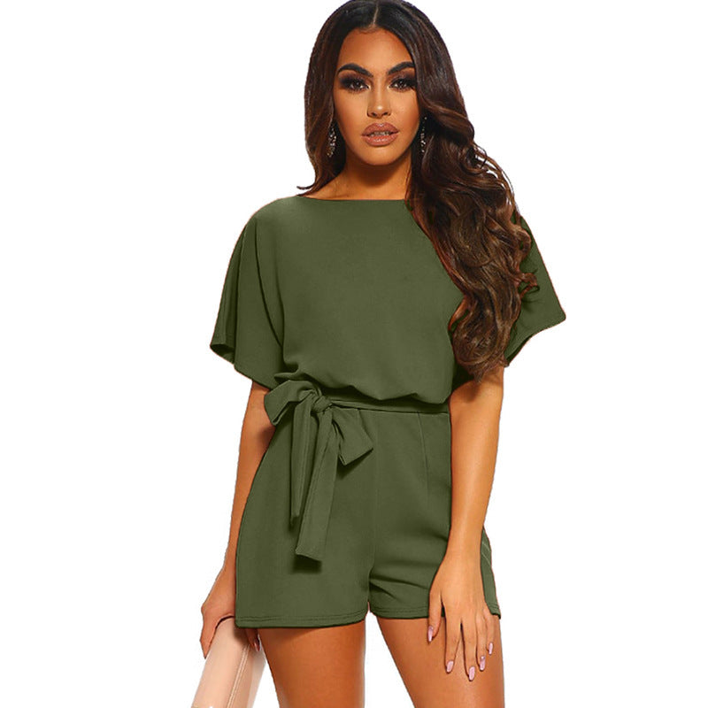 Women's Round Neck Short-sleeved Lace-up Jumpsuit - Zac Store