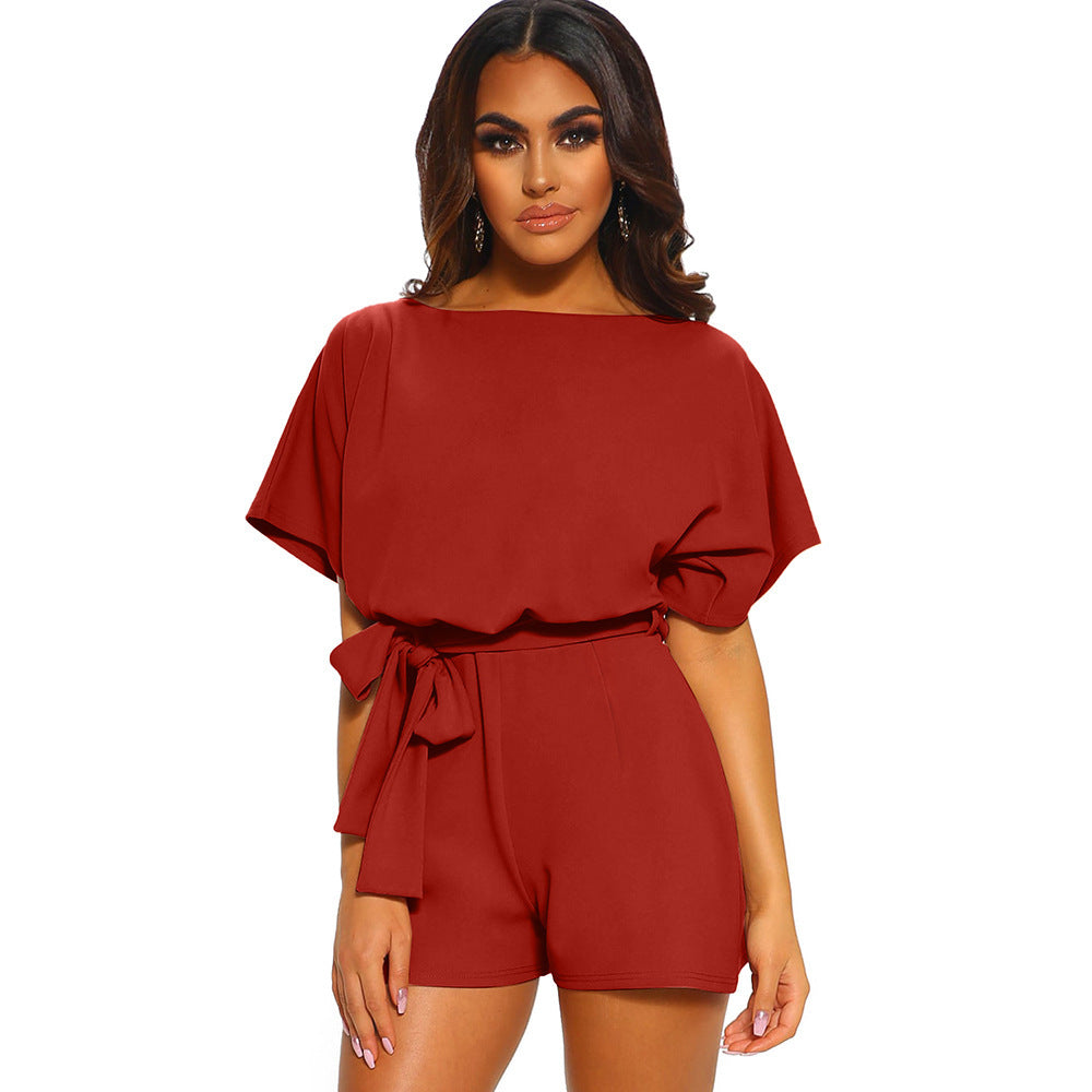 Women's Round Neck Short-sleeved Lace-up Jumpsuit - Zac Store