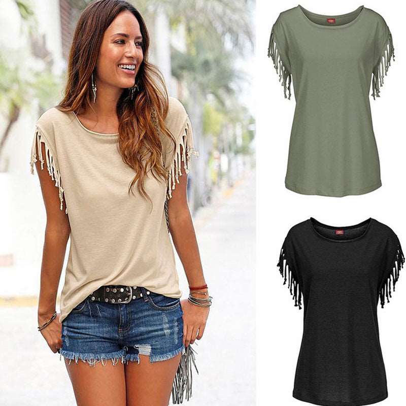 Women's Tops Blouse Soft Tassels Short Sleeve Solid Casual Summer Crew Neck Tassel Sleeves Shirt