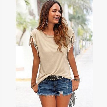 Women's Tops Blouse Soft Tassels Short Sleeve Solid Casual Summer Crew Neck Tassel Sleeves Shirt - Zac Store