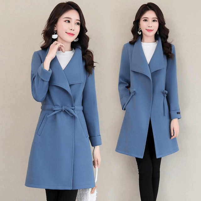 Woolen coat feminine all-match lapel waist woolen coat