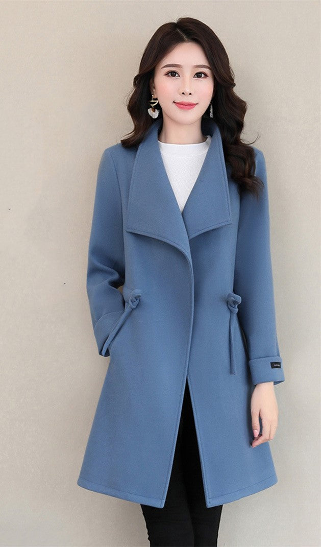 Woolen coat feminine all-match lapel waist woolen coat - Zac Store