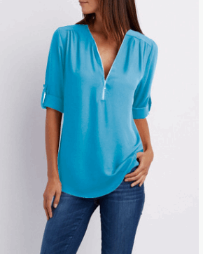 Zip V-neck Shirts Women Short Sleeve Loose Tops