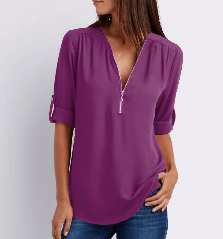 Zip V-neck Shirts Women Short Sleeve Loose Tops