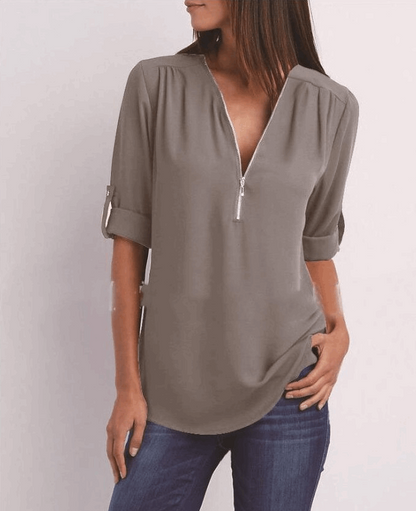 Zip V-neck Shirts Women Short Sleeve Loose Tops