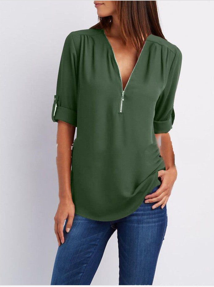 Zip V-neck Shirts Women Short Sleeve Loose Tops - Zac Store