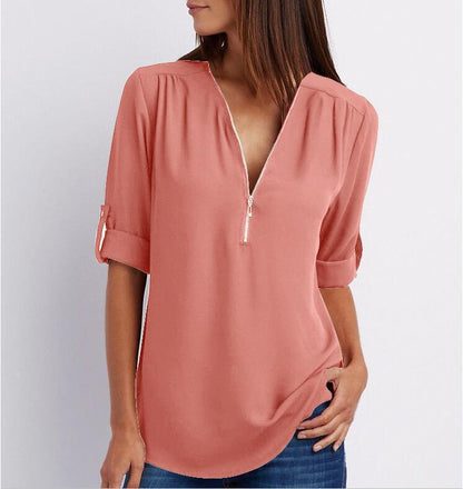 Zip V-neck Shirts Women Short Sleeve Loose Tops - Zac Store