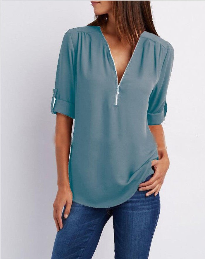 Zip V-neck Shirts Women Short Sleeve Loose Tops - Zac Store