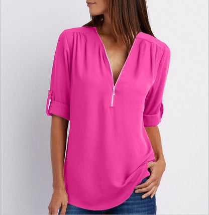 Zip V-neck Shirts Women Short Sleeve Loose Tops - Zac Store