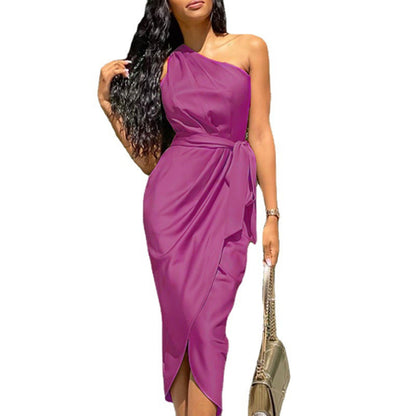 Women&#039;s Long Skirt New Irregular Oblique Shoulder Belt Slim Satin Dress