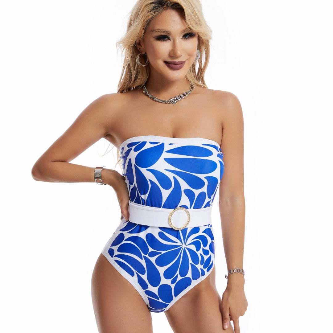 Longqi 2023 New European And American One-piece Sunscreen Swimsuit Amazon Digital Printed Mesh Blouse Strapless Swimsuit For Women