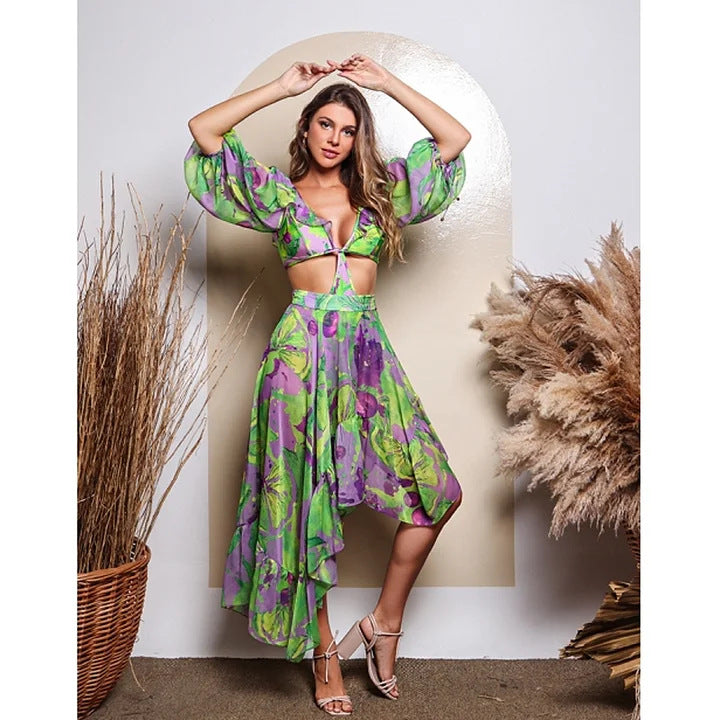 2024 European And American New Arrival One-piece Swimsuit Detachable Sleeve Lace-up Printed Swimsuit And Irregular Skirt Set