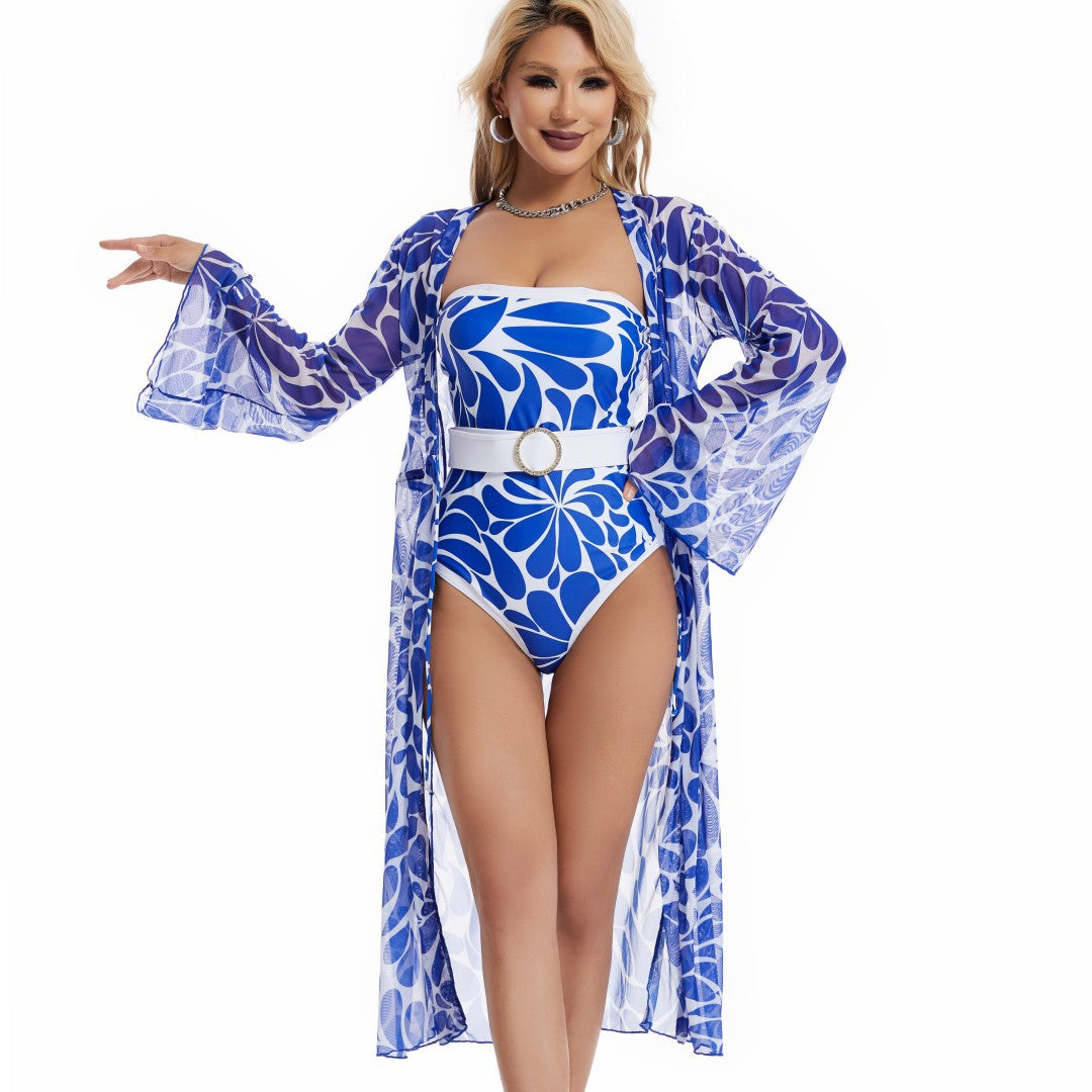 Longqi 2023 New European And American One-piece Sunscreen Swimsuit Amazon Digital Printed Mesh Blouse Strapless Swimsuit For Women