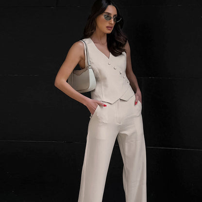 New Suit with Vest Cotton And Linen High Waist Straight Pants ki - Zac Store