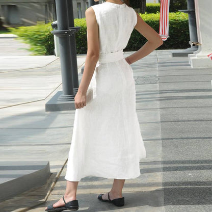 V-neck Waist Belt Cotton Linen Hem Split Sleeveless Dress - Zac Store